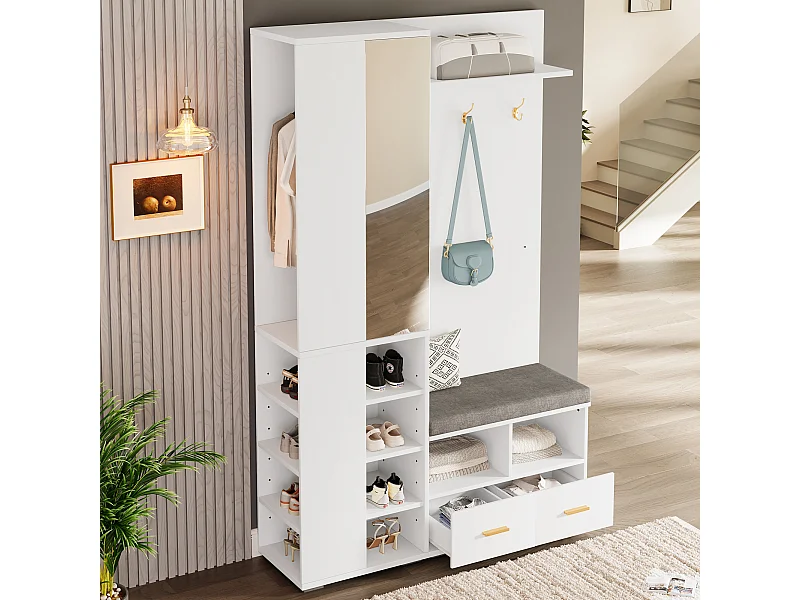 Kledingkast/kapstok - 120 x 35 x 190 cm - met schoenenbankje + 3 haken + spiegel + lades - spaanplaat - wit