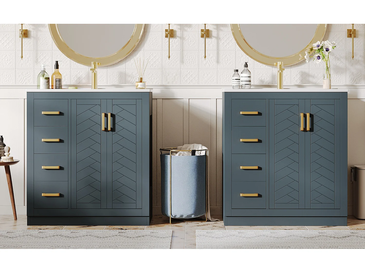 2 ceramiczne szafki łazienkowe pod umywalkę - 76,5 x 46,5 x 84,5 cm - z 3 szufladami + półką boczną + 2 drzwiami - MDF - niebieskie