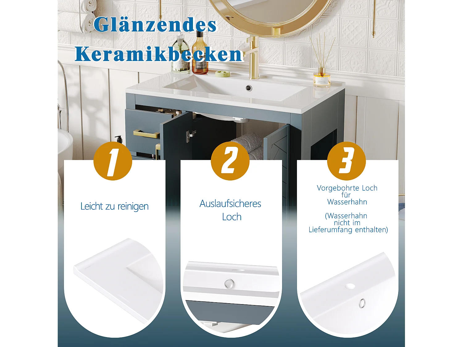 2 ceramiczne szafki łazienkowe pod umywalkę - 76,5 x 46,5 x 84,5 cm - z 3 szufladami + półką boczną + 2 drzwiami - MDF - niebieskie