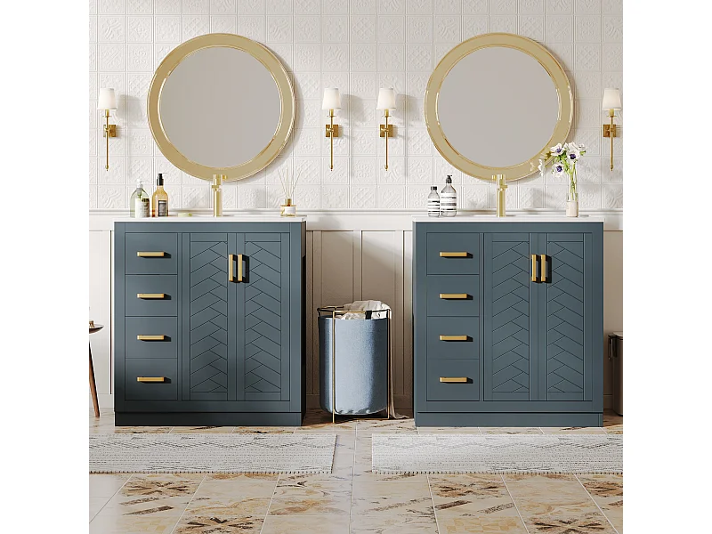 2 Meuble vasque en céramique de salle de bain - 76.5 x 46.5 x 84.5 cm - avec 3 tiroirs + étagère latérale + 2 portes - MDF - bleu