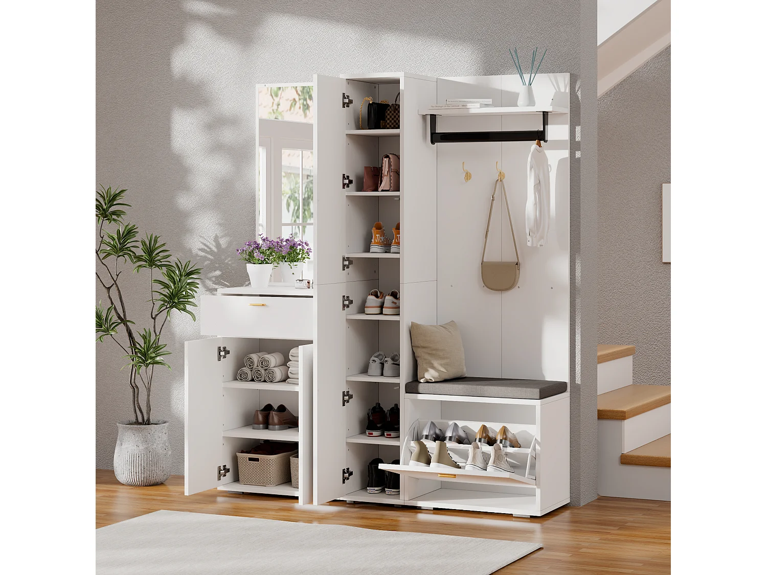 Garderobe/Kleiderschrank – 150 x 36 x 180 cm – mit Schuhbank, Ablagefach, Spiegel und Schubladen – Spanplatte – weiß