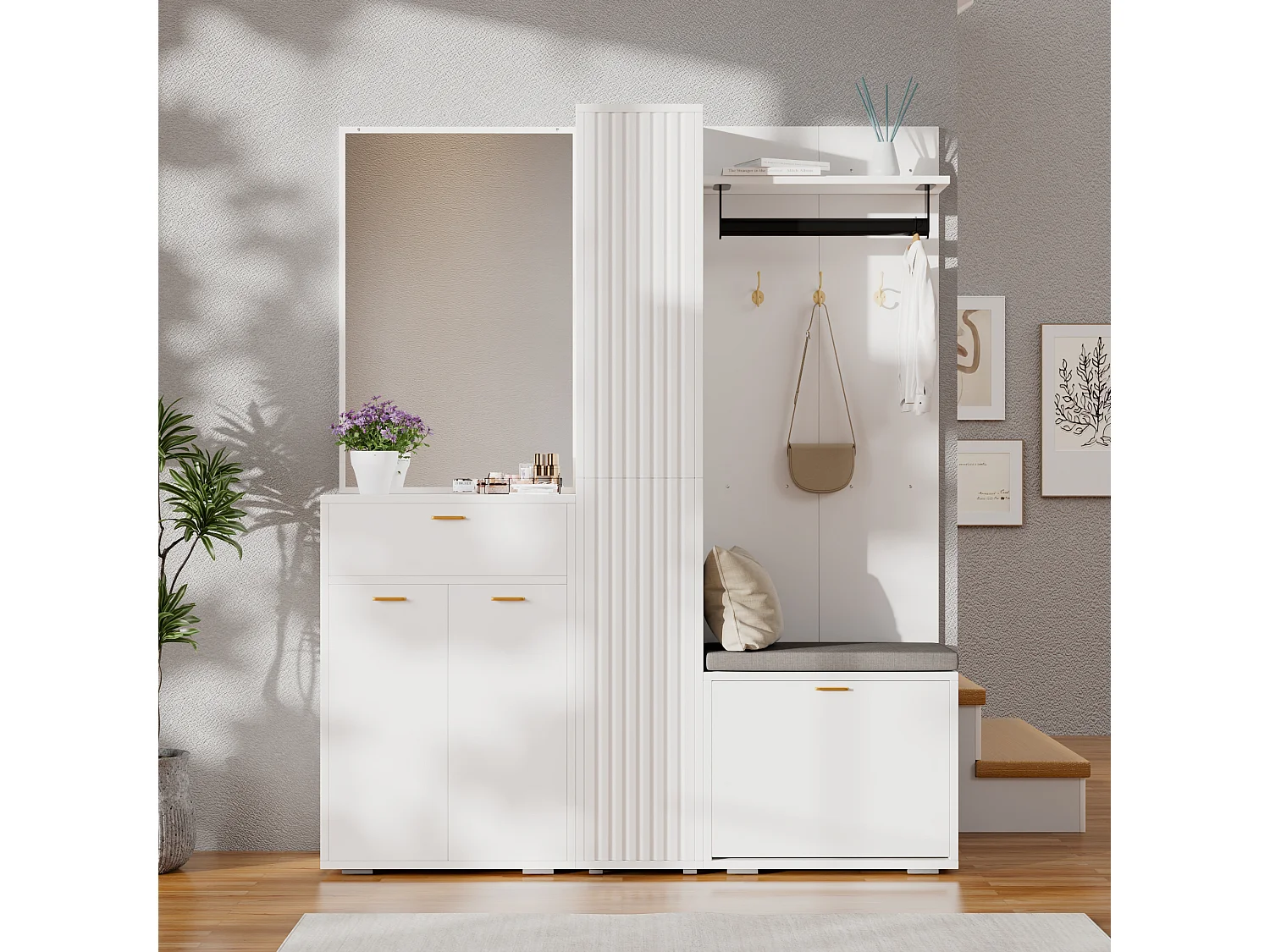 Garderobe/Kleiderschrank – 150 x 36 x 180 cm – mit Schuhbank, Ablagefach, Spiegel und Schubladen – Spanplatte – weiß