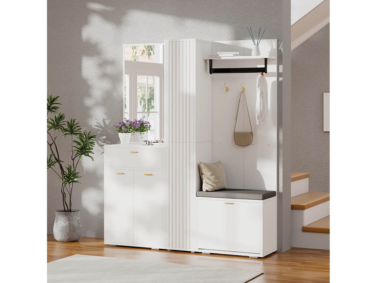 Garderobe/Kleiderschrank – 150 x 36 x 180 cm – mit Schuhbank, Ablagefach, Spiegel und Schubladen – Spanplatte – weiß