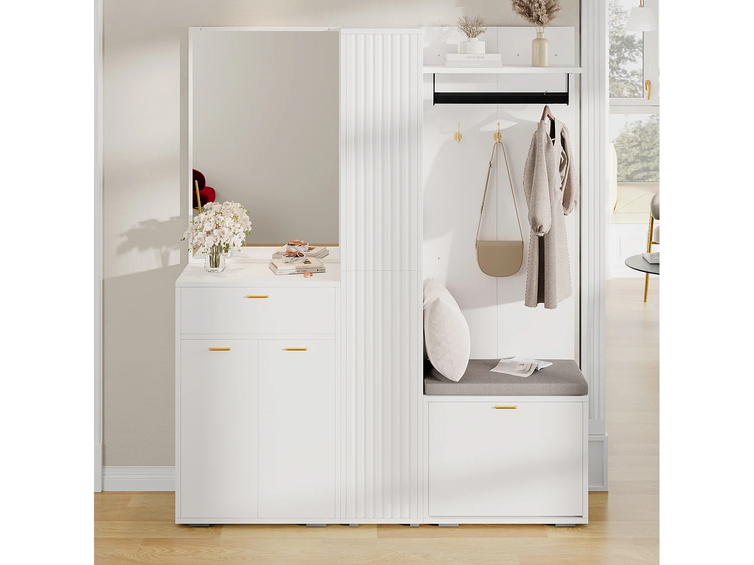 Garderobe/Kleiderschrank – 150 x 36 x 180 cm – mit Schuhbank, Ablagefach, Spiegel und Schubladen – Spanplatte – weiß