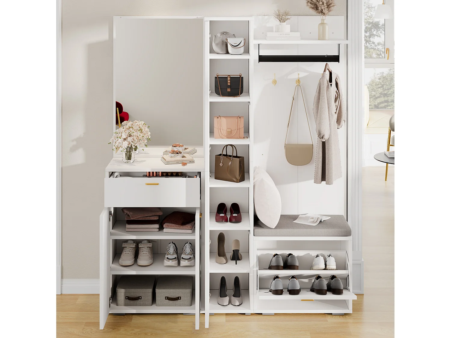 Garderobe/Kleiderschrank – 150 x 36 x 180 cm – mit Schuhbank, Ablagefach, Spiegel und Schubladen – Spanplatte – weiß