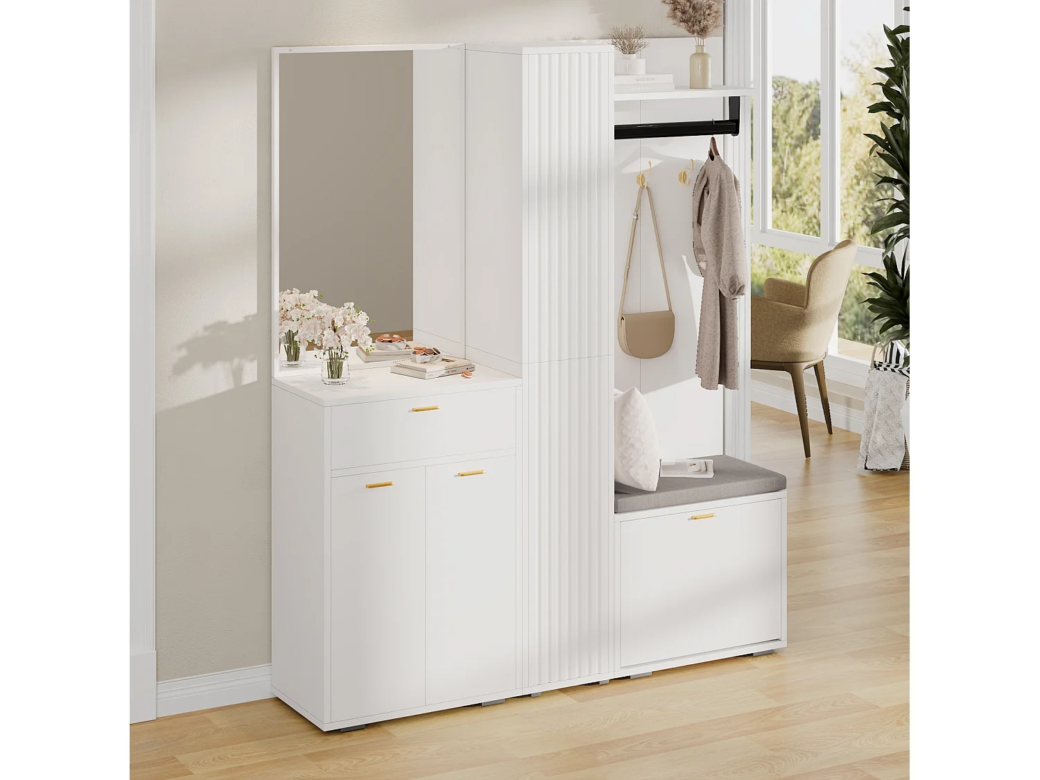 Garderobe/Kleiderschrank – 150 x 36 x 180 cm – mit Schuhbank, Ablagefach, Spiegel und Schubladen – Spanplatte – weiß