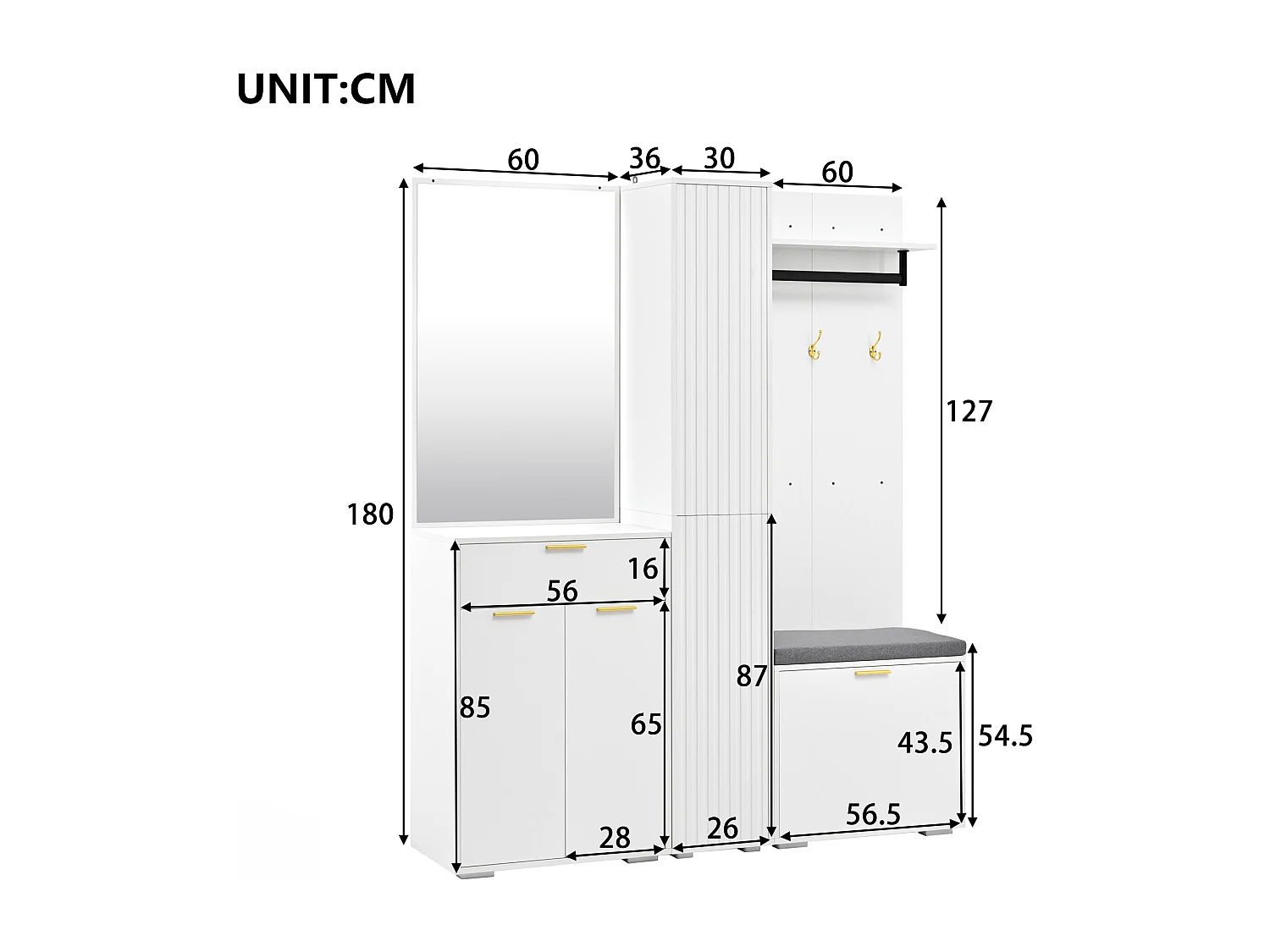 Garderobe/Kleiderschrank – 150 x 36 x 180 cm – mit Schuhbank, Ablagefach, Spiegel und Schubladen – Spanplatte – weiß