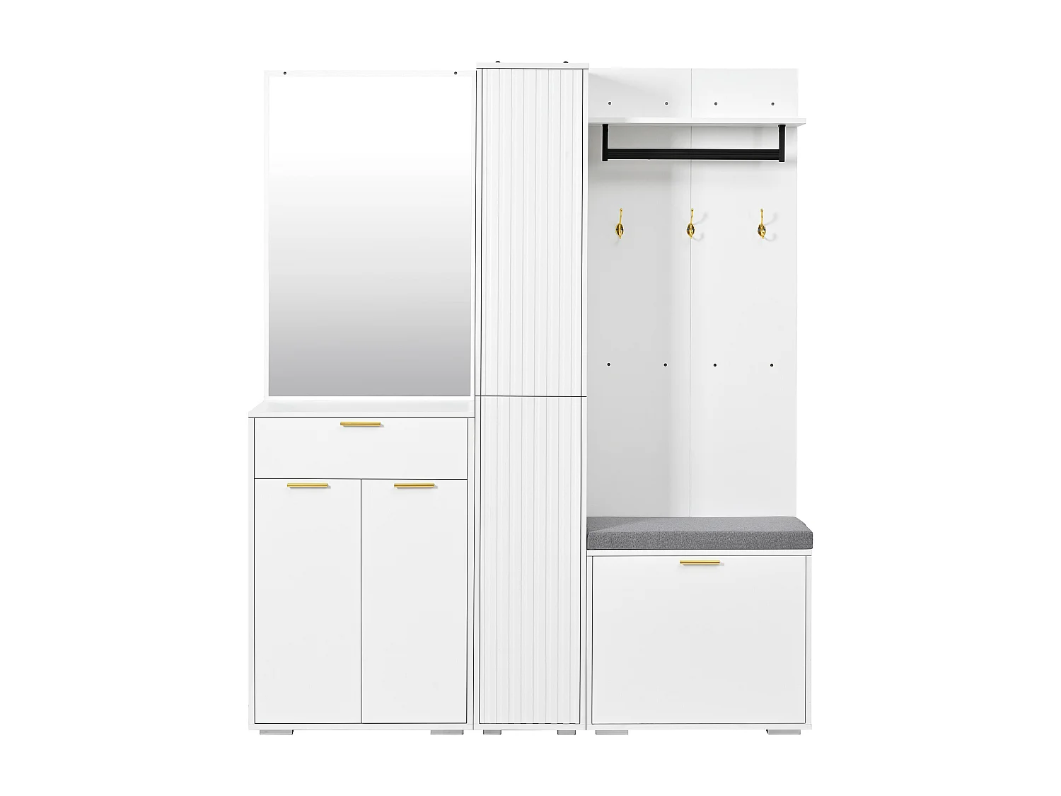 Garderobe/Kleiderschrank – 150 x 36 x 180 cm – mit Schuhbank, Ablagefach, Spiegel und Schubladen – Spanplatte – weiß