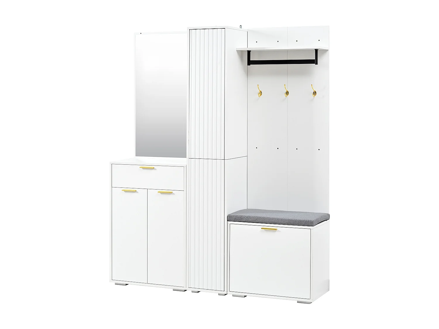 Garderobe/Kleiderschrank – 150 x 36 x 180 cm – mit Schuhbank, Ablagefach, Spiegel und Schubladen – Spanplatte – weiß