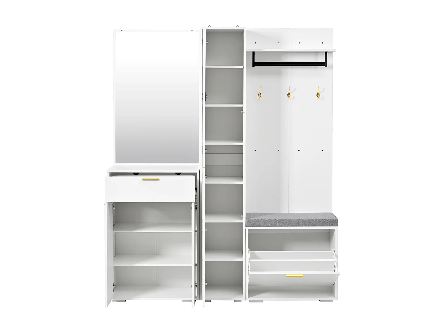 Garderobe/Kleiderschrank – 150 x 36 x 180 cm – mit Schuhbank, Ablagefach, Spiegel und Schubladen – Spanplatte – weiß