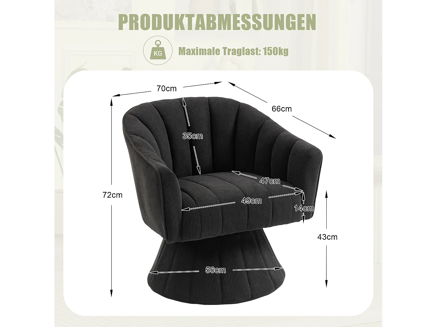 Fauteuil moderne pivotant à 360° - 70 x 66 x 72 cm - avec assise et dossier ergonomiques + accoudoirs - velours - noir