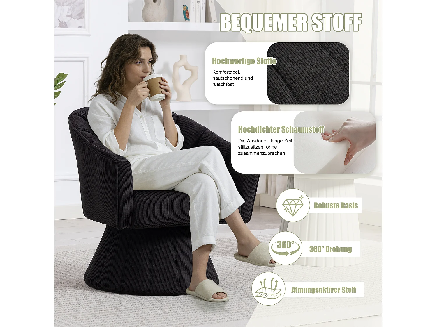 Fauteuil moderne pivotant à 360° - 70 x 66 x 72 cm - avec assise et dossier ergonomiques + accoudoirs - velours - noir