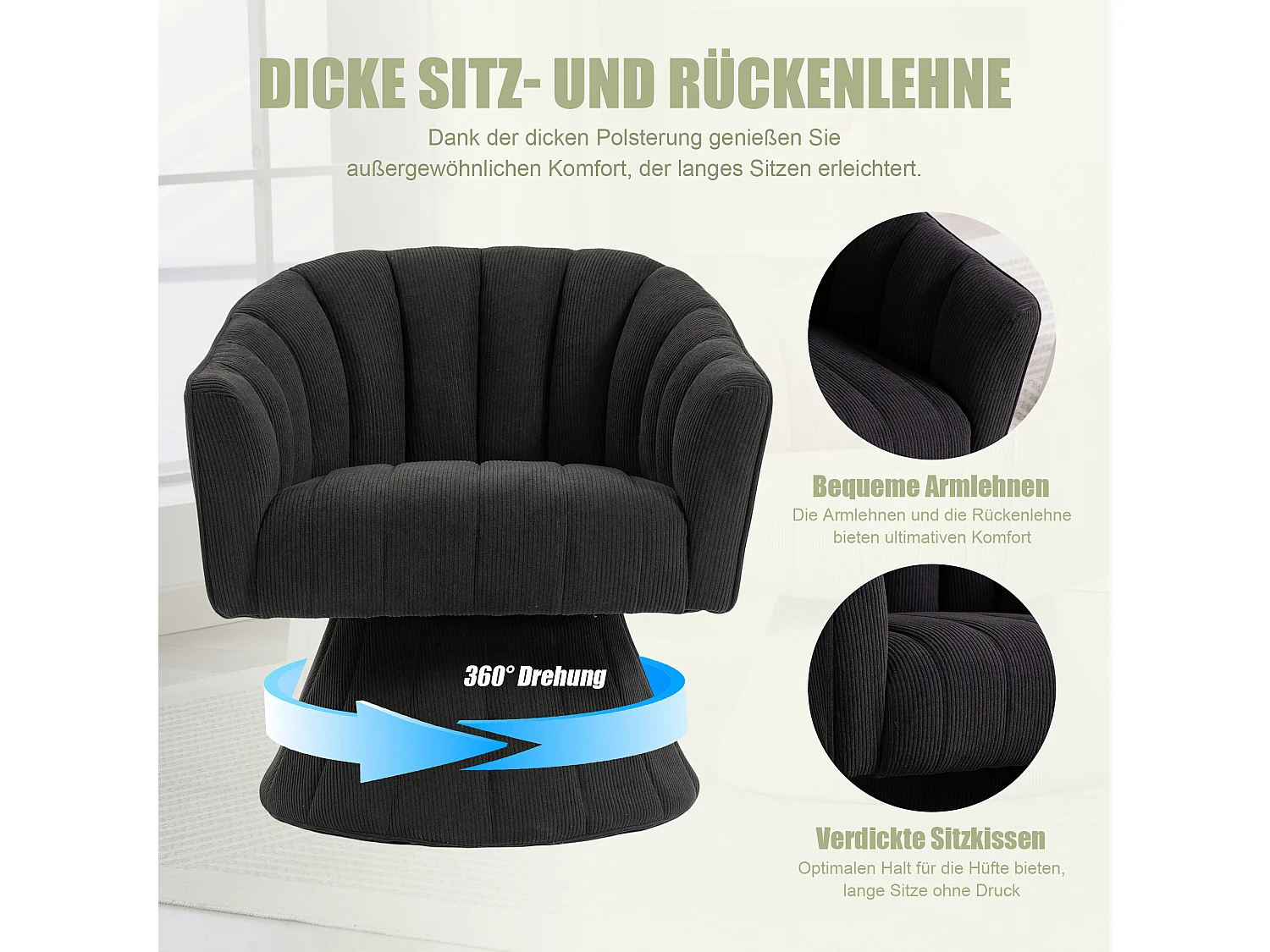 Fauteuil moderne pivotant à 360° - 70 x 66 x 72 cm - avec assise et dossier ergonomiques + accoudoirs - velours - noir