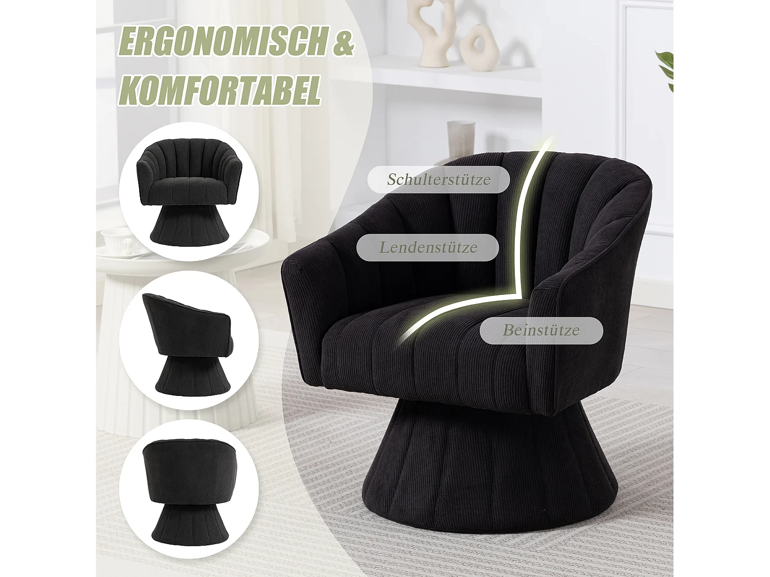 Fauteuil moderne pivotant à 360° - 70 x 66 x 72 cm - avec assise et dossier ergonomiques + accoudoirs - velours - noir