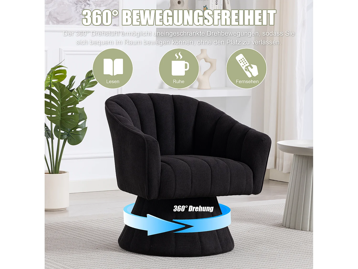 Fauteuil moderne pivotant à 360° - 70 x 66 x 72 cm - avec assise et dossier ergonomiques + accoudoirs - velours - noir