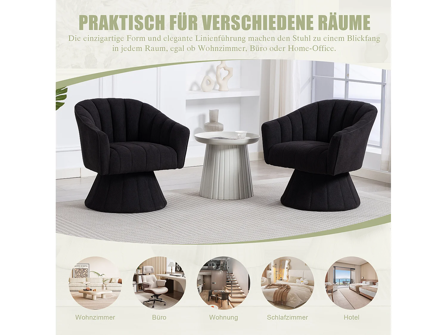 Fauteuil moderne pivotant à 360° - 70 x 66 x 72 cm - avec assise et dossier ergonomiques + accoudoirs - velours - noir