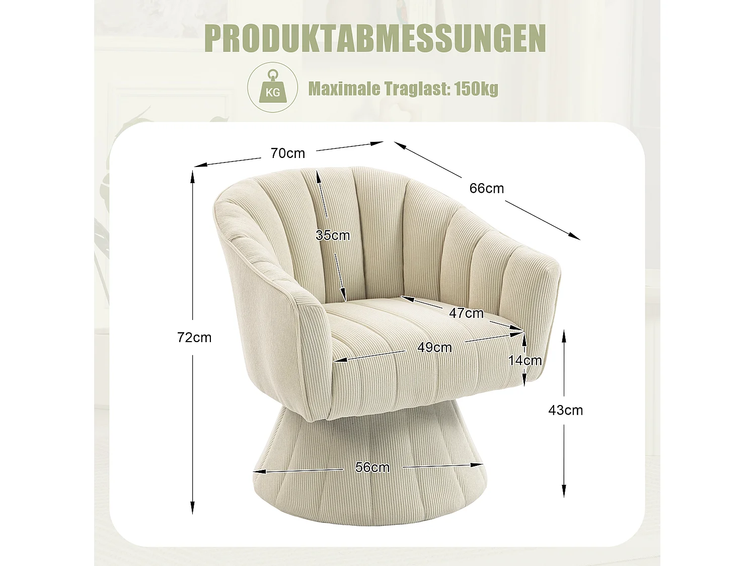 Fauteuil moderne pivotant à 360° - 70 x 66 x 72 cm - avec assise et dossier ergonomiques + accoudoirs - velours - Beige