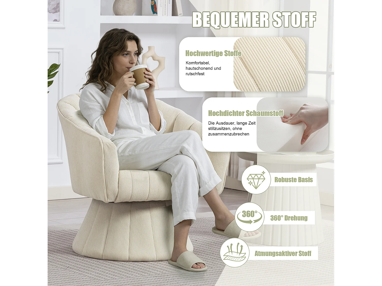 Fauteuil moderne pivotant à 360° - 70 x 66 x 72 cm - avec assise et dossier ergonomiques + accoudoirs - velours - Beige