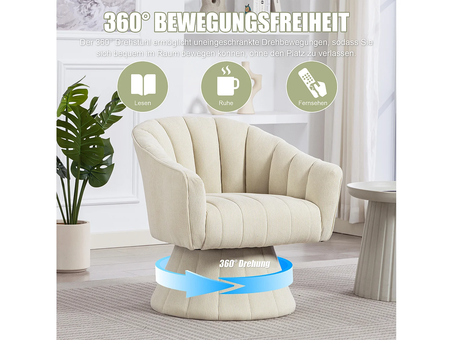 Fauteuil moderne pivotant à 360° - 70 x 66 x 72 cm - avec assise et dossier ergonomiques + accoudoirs - velours - Beige