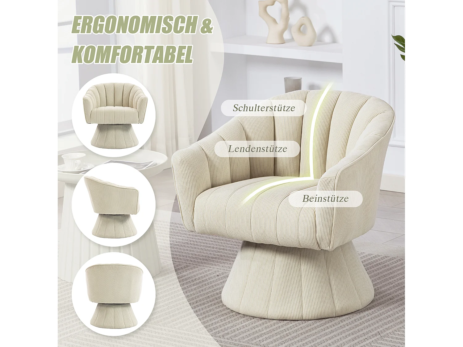 Fauteuil moderne pivotant à 360° - 70 x 66 x 72 cm - avec assise et dossier ergonomiques + accoudoirs - velours - Beige