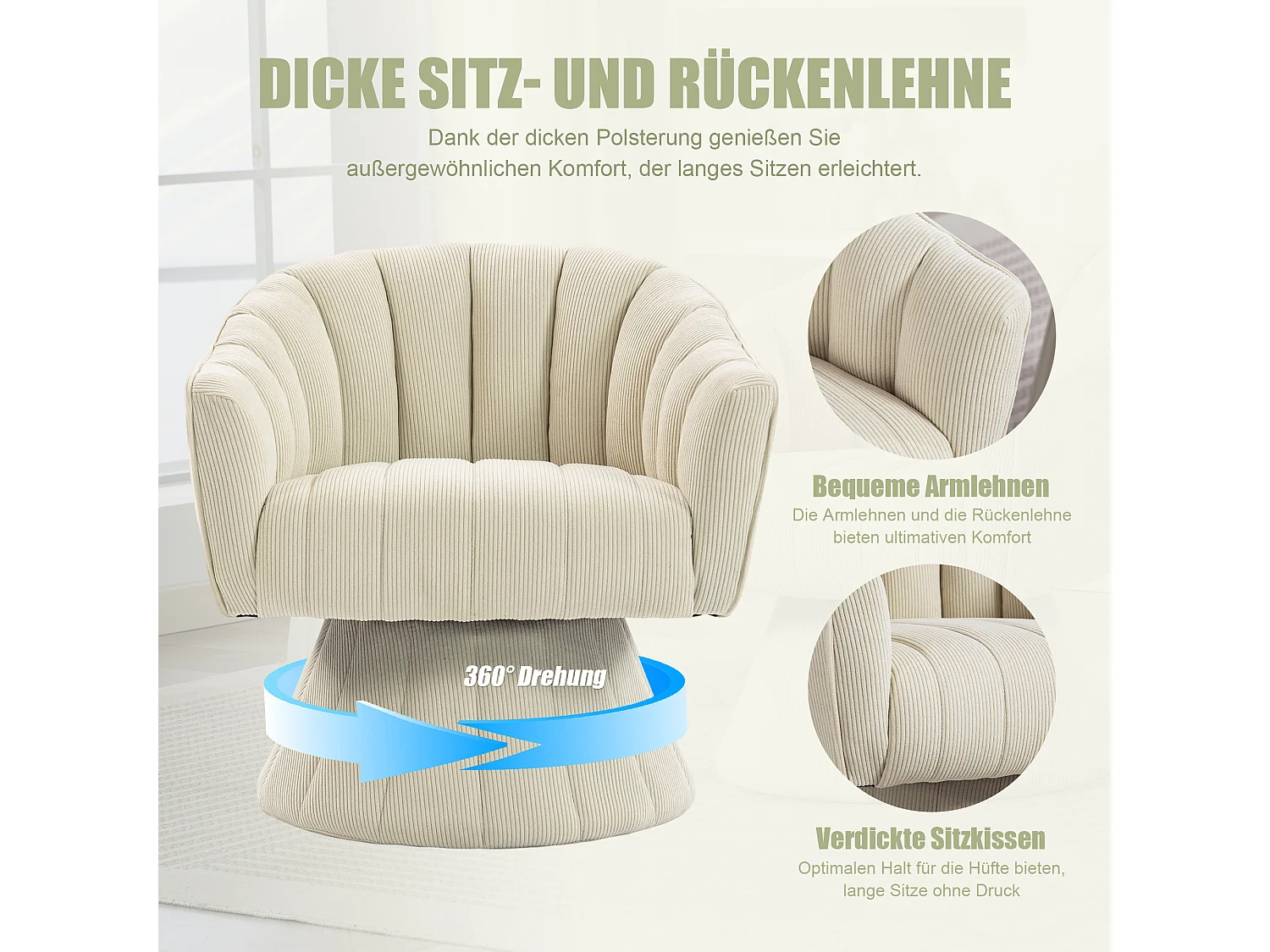 Fauteuil moderne pivotant à 360° - 70 x 66 x 72 cm - avec assise et dossier ergonomiques + accoudoirs - velours - Beige