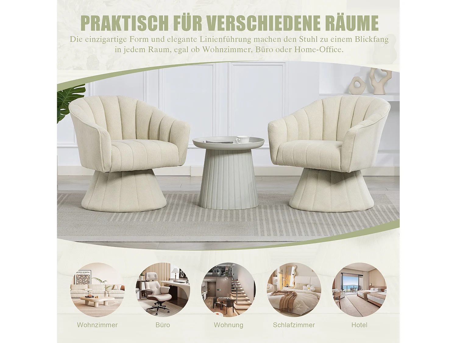 Fauteuil moderne pivotant à 360° - 70 x 66 x 72 cm - avec assise et dossier ergonomiques + accoudoirs - velours - Beige