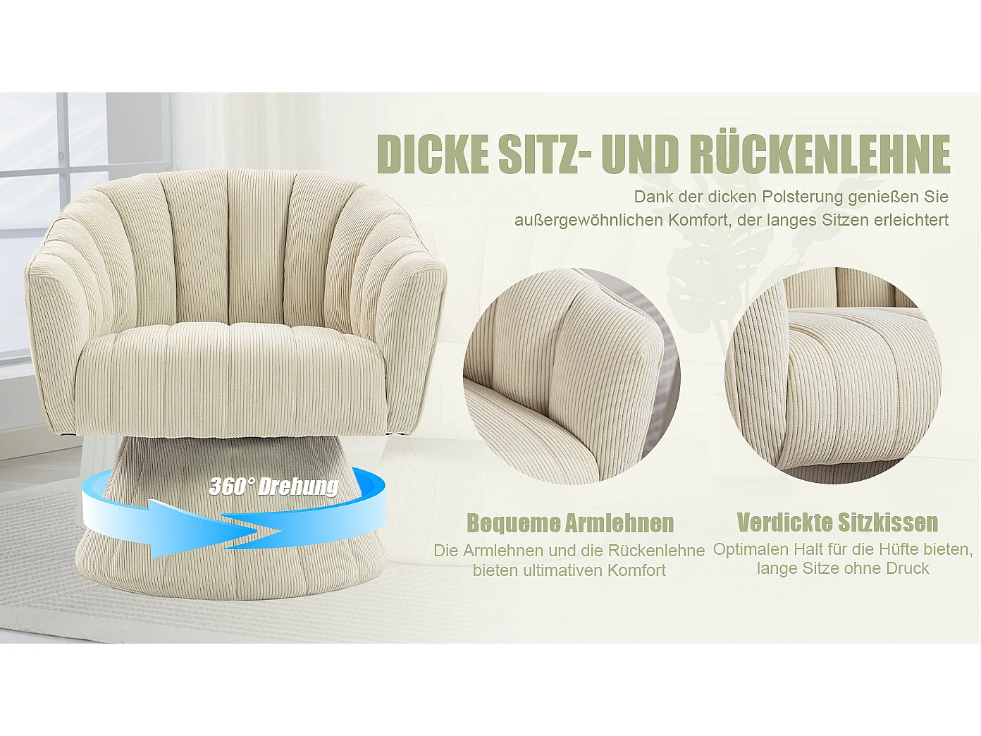 Fauteuil moderne pivotant à 360° - 70 x 66 x 72 cm - avec assise et dossier ergonomiques + accoudoirs - velours - Beige