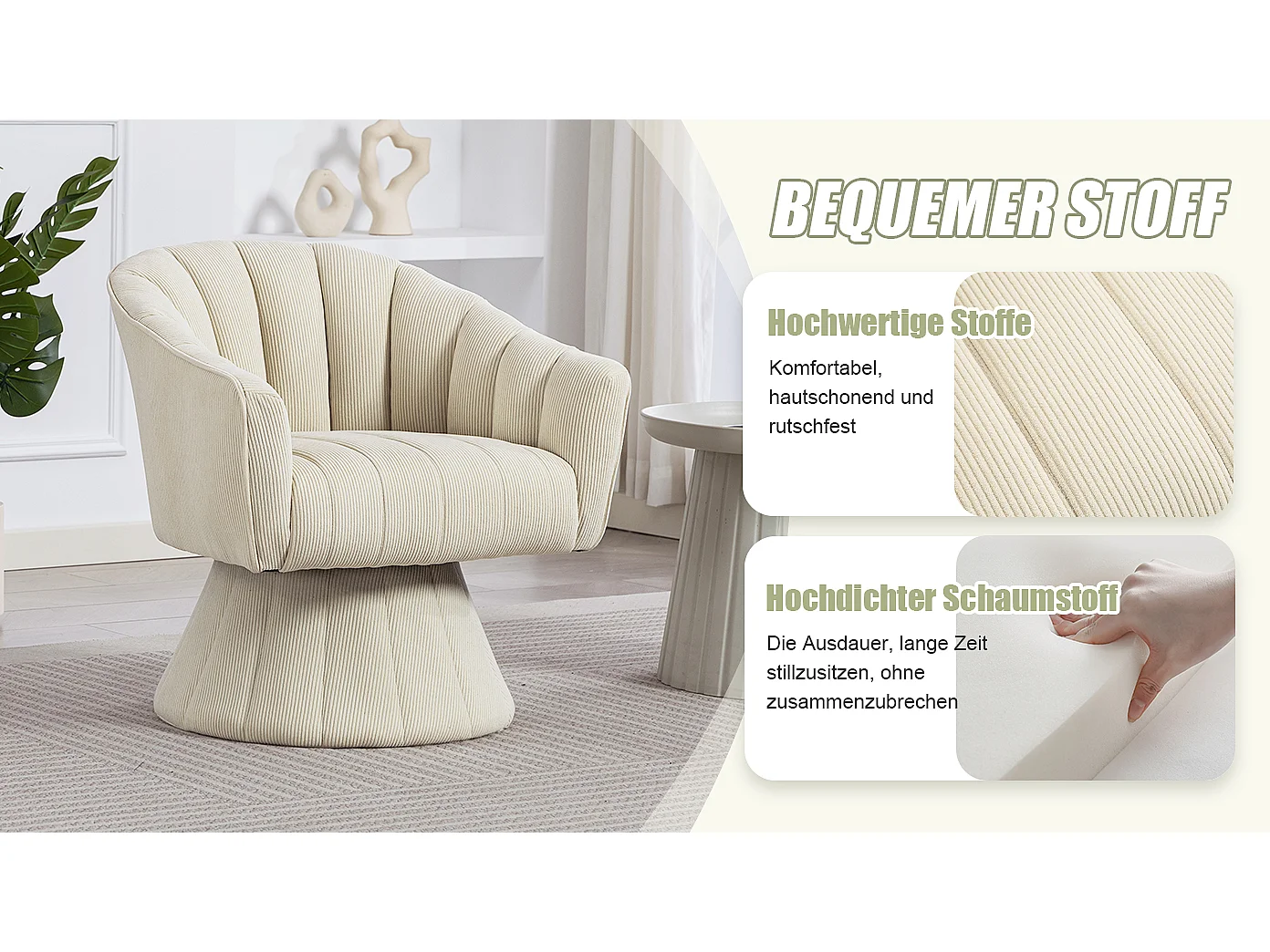 Fauteuil moderne pivotant à 360° - 70 x 66 x 72 cm - avec assise et dossier ergonomiques + accoudoirs - velours - Beige