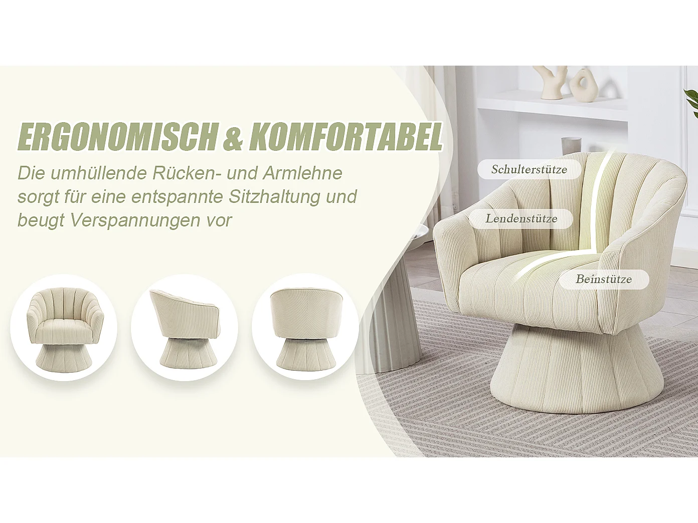 Fauteuil moderne pivotant à 360° - 70 x 66 x 72 cm - avec assise et dossier ergonomiques + accoudoirs - velours - Beige