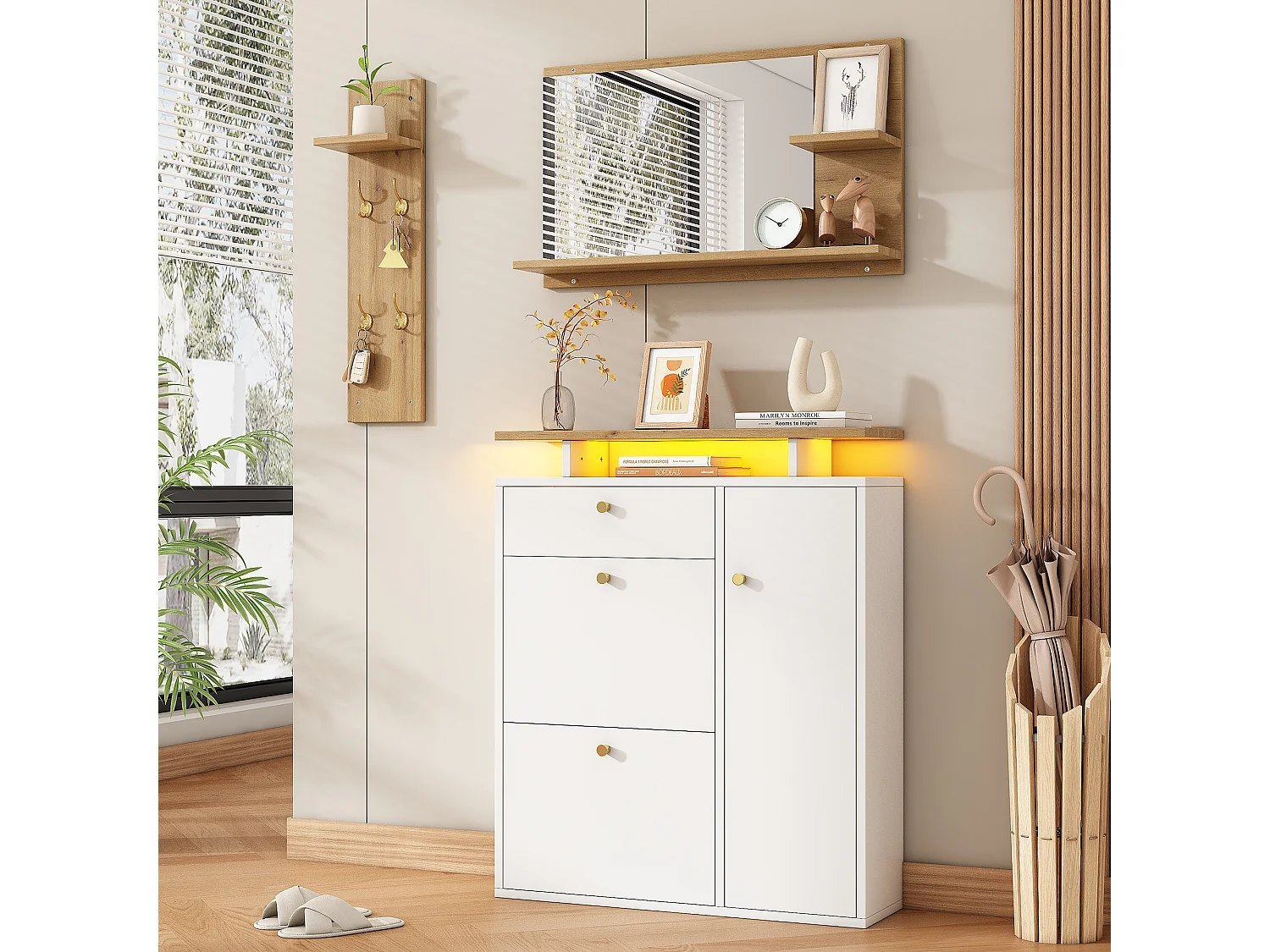 3-delige halgarderobe - 105 x 25 x 151,5 cm - met spiegel + wandplank + schoenenkast - spaanplaat - wit