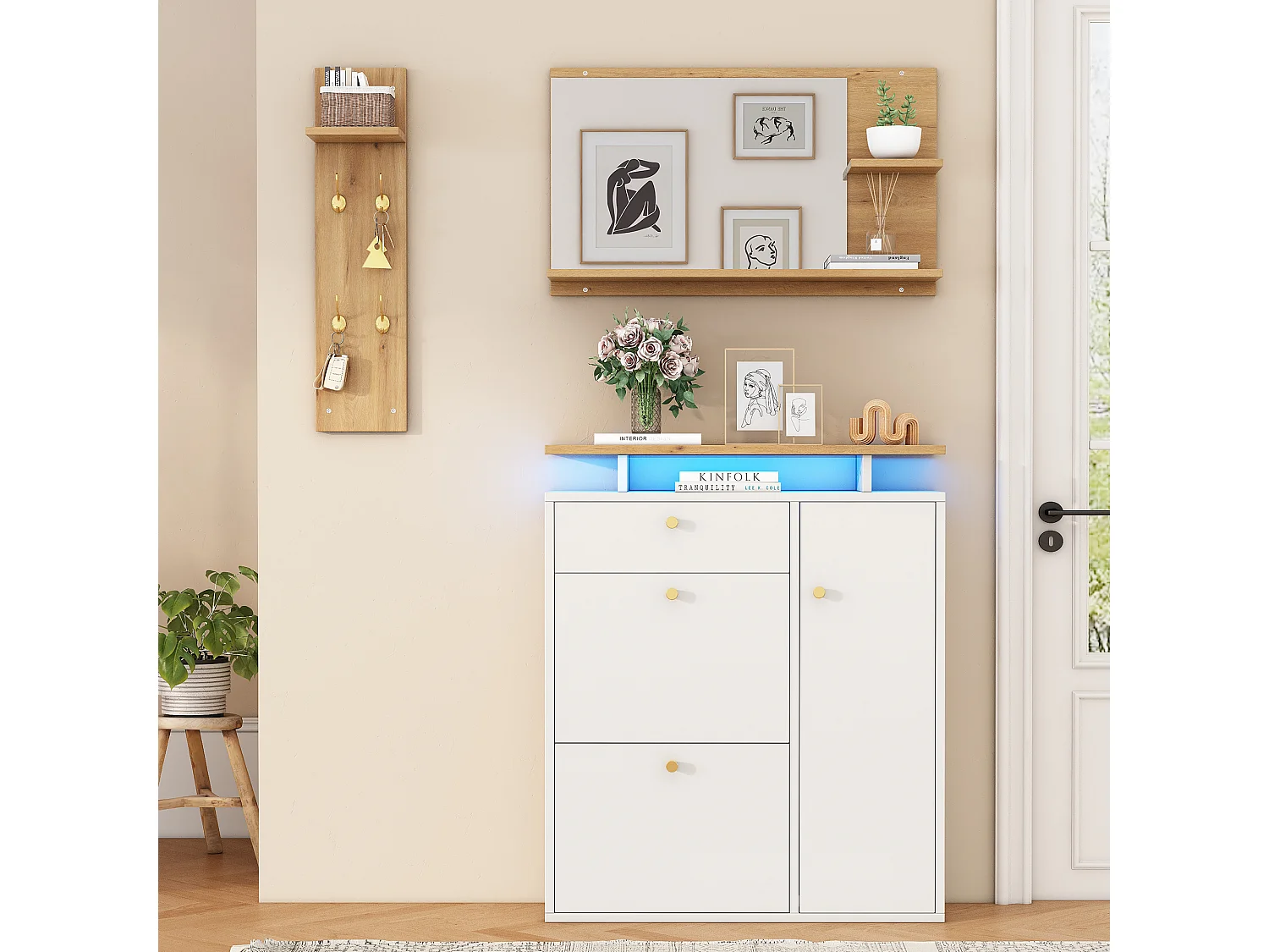 3-delige halgarderobe - 105 x 25 x 151,5 cm - met spiegel + wandplank + schoenenkast - spaanplaat - wit