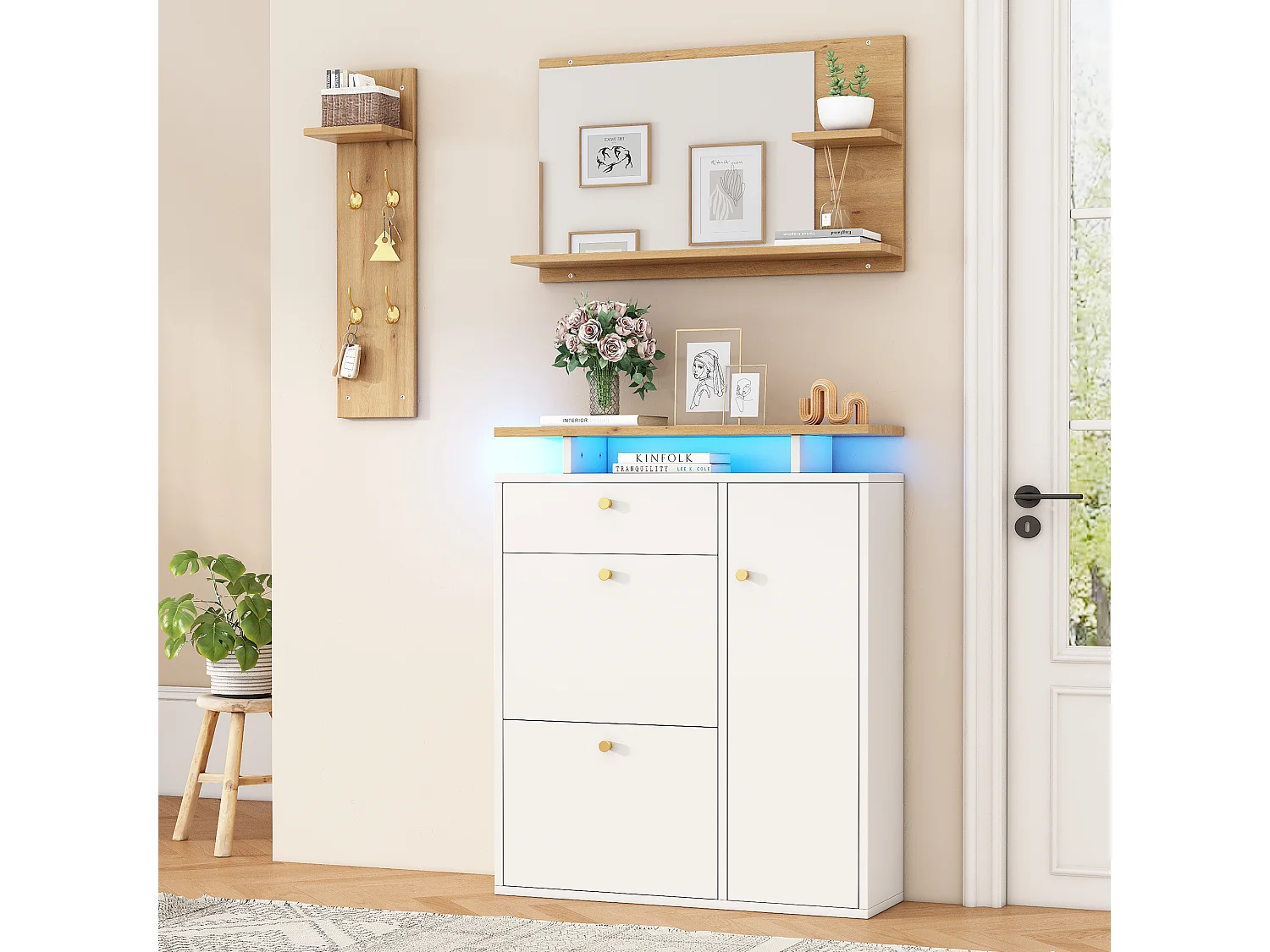 3-delige halgarderobe - 105 x 25 x 151,5 cm - met spiegel + wandplank + schoenenkast - spaanplaat - wit