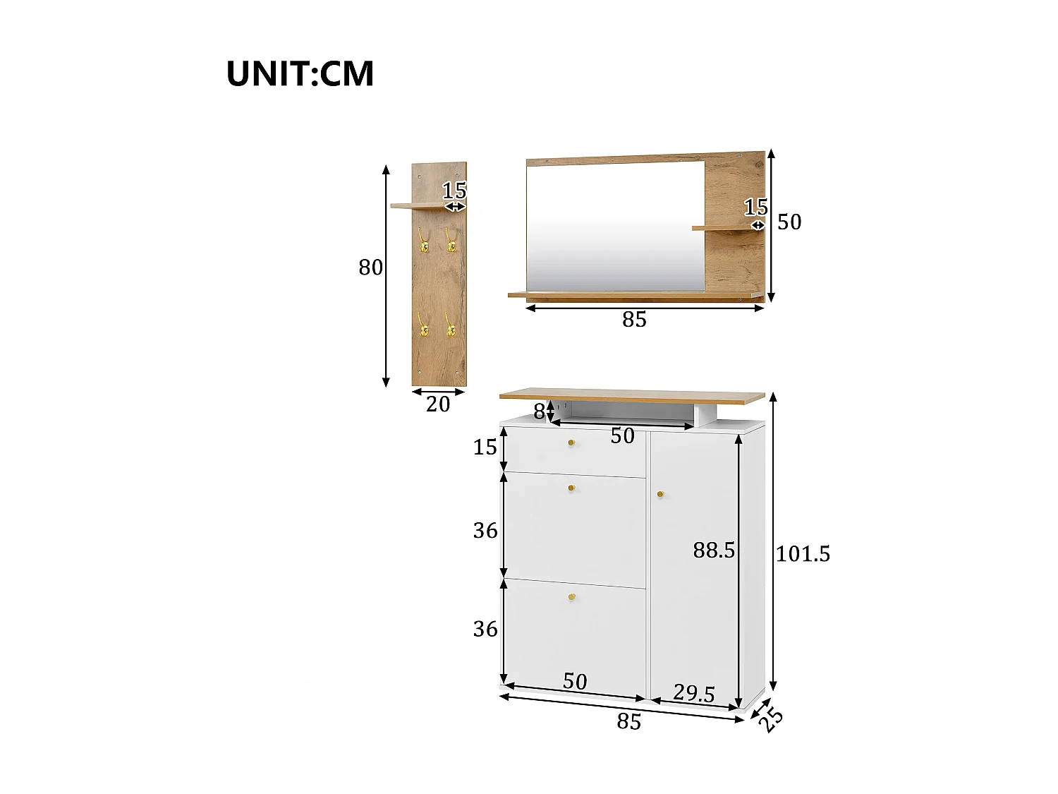3-delige halgarderobe - 105 x 25 x 151,5 cm - met spiegel + wandplank + schoenenkast - spaanplaat - wit