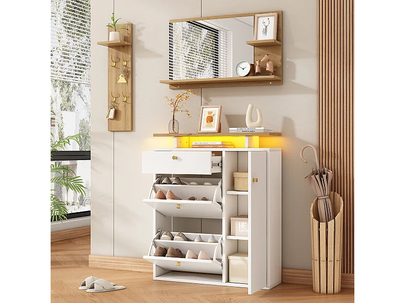 3-delige halgarderobe - 105 x 25 x 151,5 cm - met spiegel + wandplank + schoenenkast - spaanplaat - wit