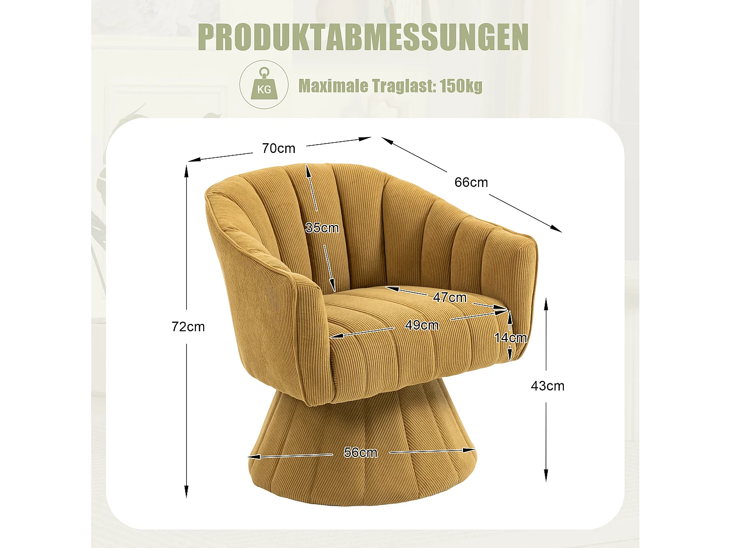 Fauteuil moderne pivotant à 360° - 70 x 66 x 72 cm - avec assise et dossier ergonomiques + accoudoirs - velours - Jaune