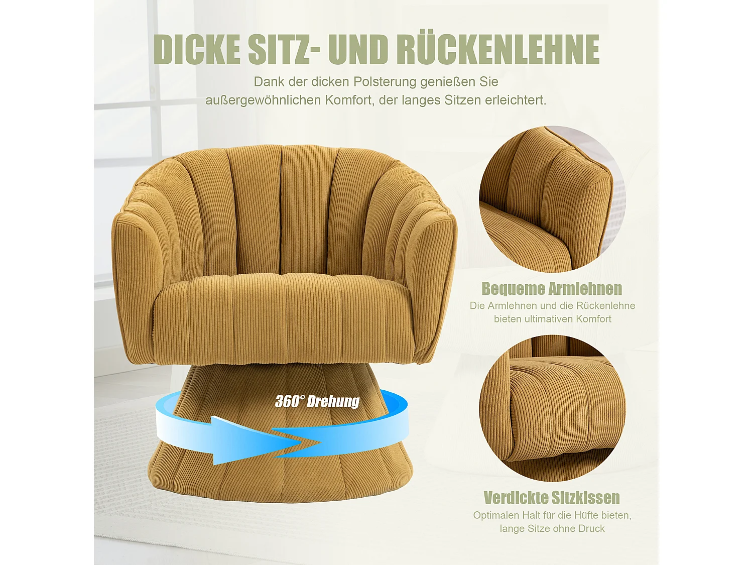 Fauteuil moderne pivotant à 360° - 70 x 66 x 72 cm - avec assise et dossier ergonomiques + accoudoirs - velours - Jaune
