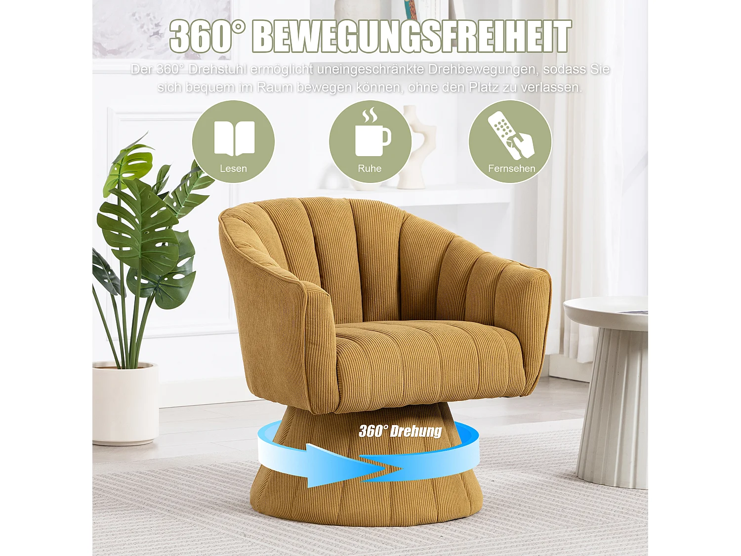 Fauteuil moderne pivotant à 360° - 70 x 66 x 72 cm - avec assise et dossier ergonomiques + accoudoirs - velours - Jaune