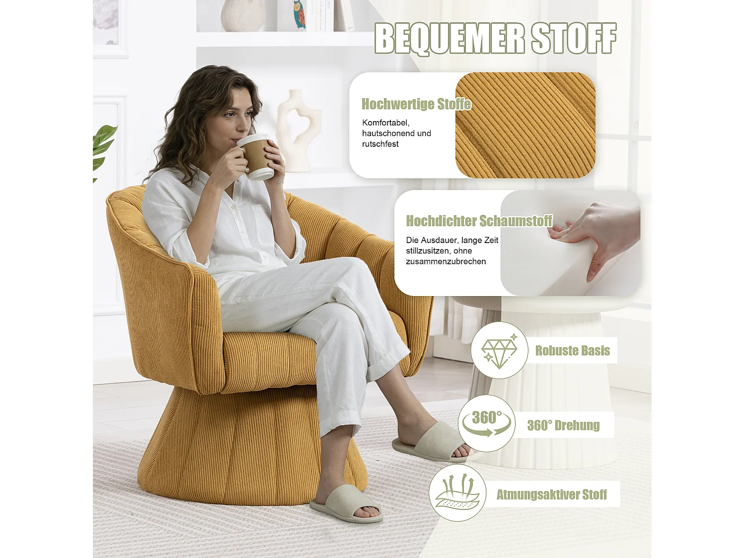 Fauteuil moderne pivotant à 360° - 70 x 66 x 72 cm - avec assise et dossier ergonomiques + accoudoirs - velours - Jaune