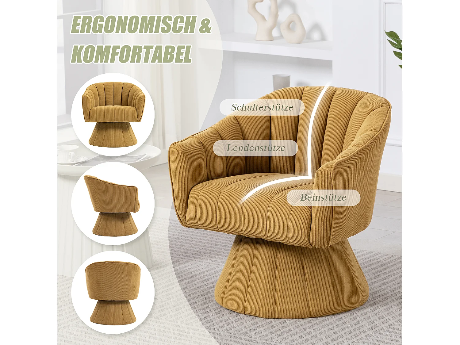 Fauteuil moderne pivotant à 360° - 70 x 66 x 72 cm - avec assise et dossier ergonomiques + accoudoirs - velours - Jaune