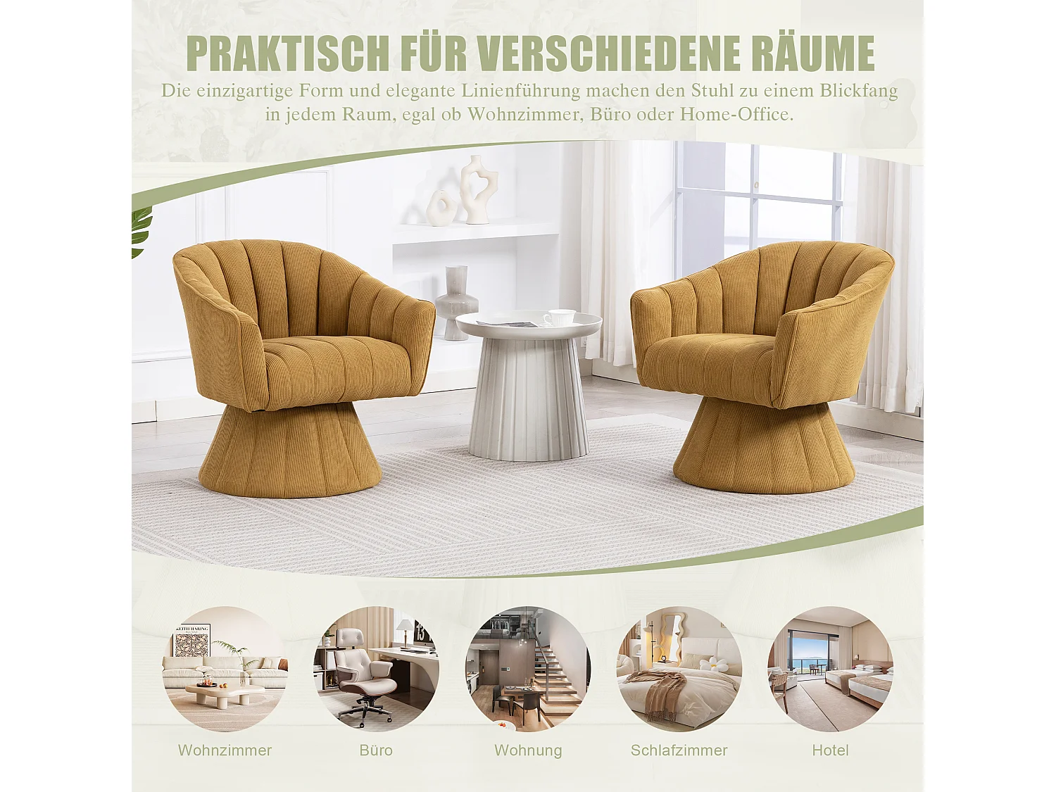 Fauteuil moderne pivotant à 360° - 70 x 66 x 72 cm - avec assise et dossier ergonomiques + accoudoirs - velours - Jaune