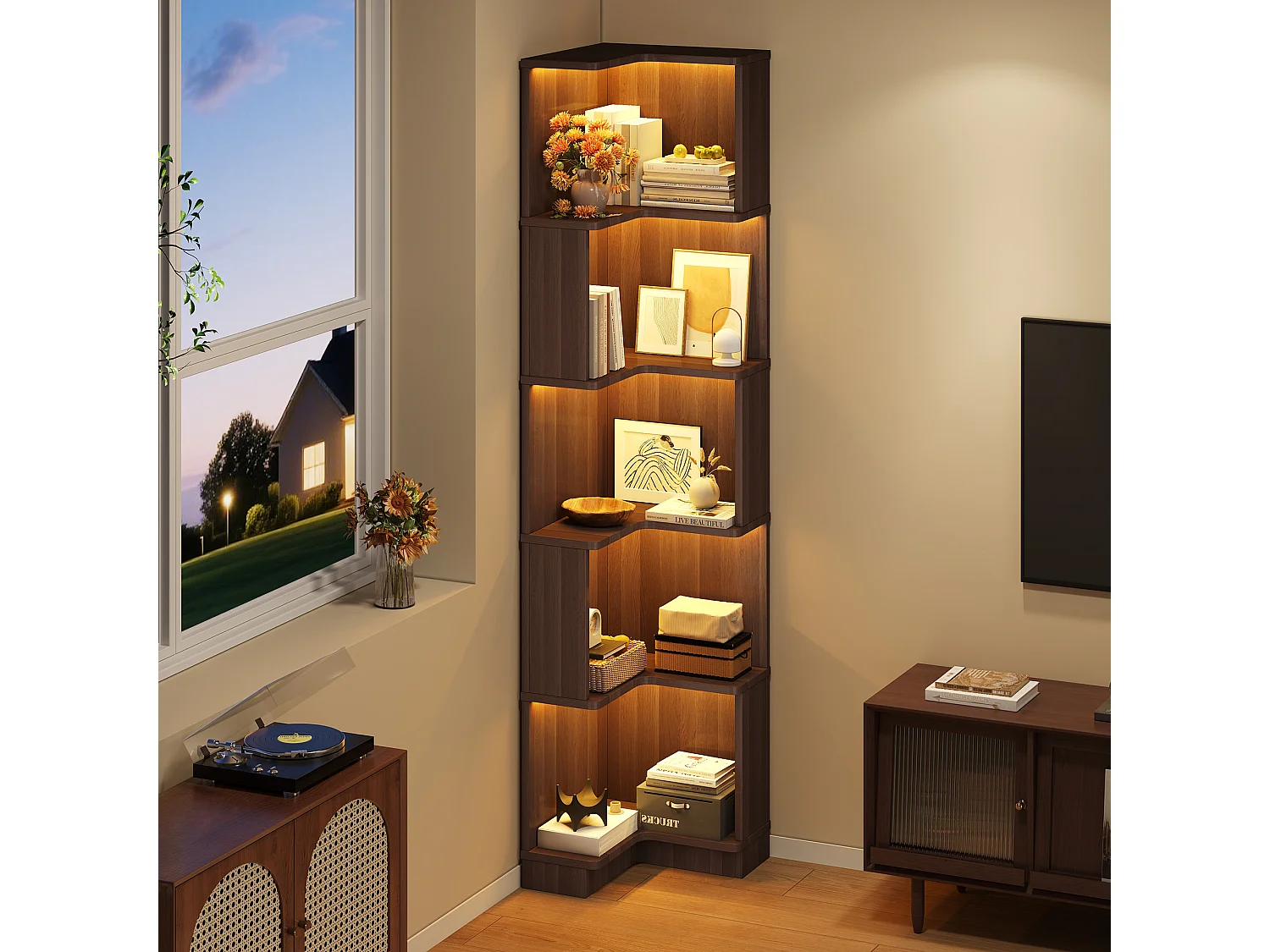 Modernes Eckregal – 63,5 x 45 x 175 cm – mit LED-Beleuchtung und 5 Ablagefächern – MDF – braun