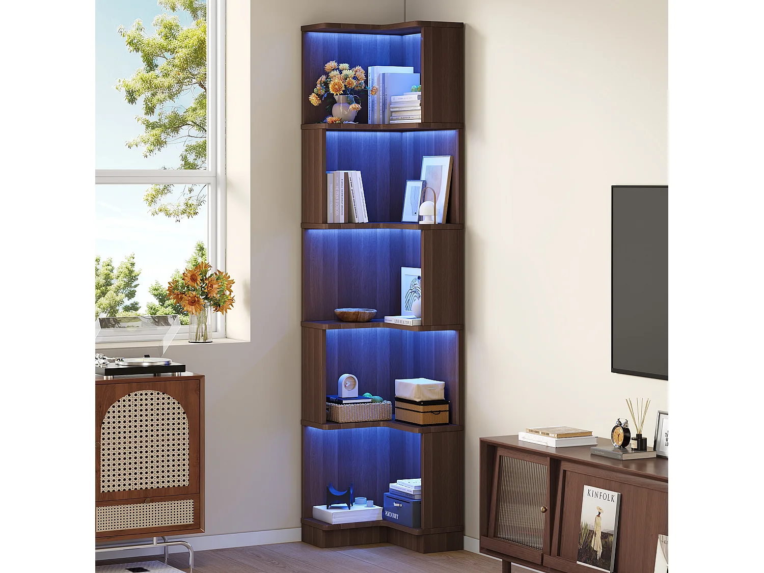 Modernes Eckregal – 63,5 x 45 x 175 cm – mit LED-Beleuchtung und 5 Ablagefächern – MDF – braun