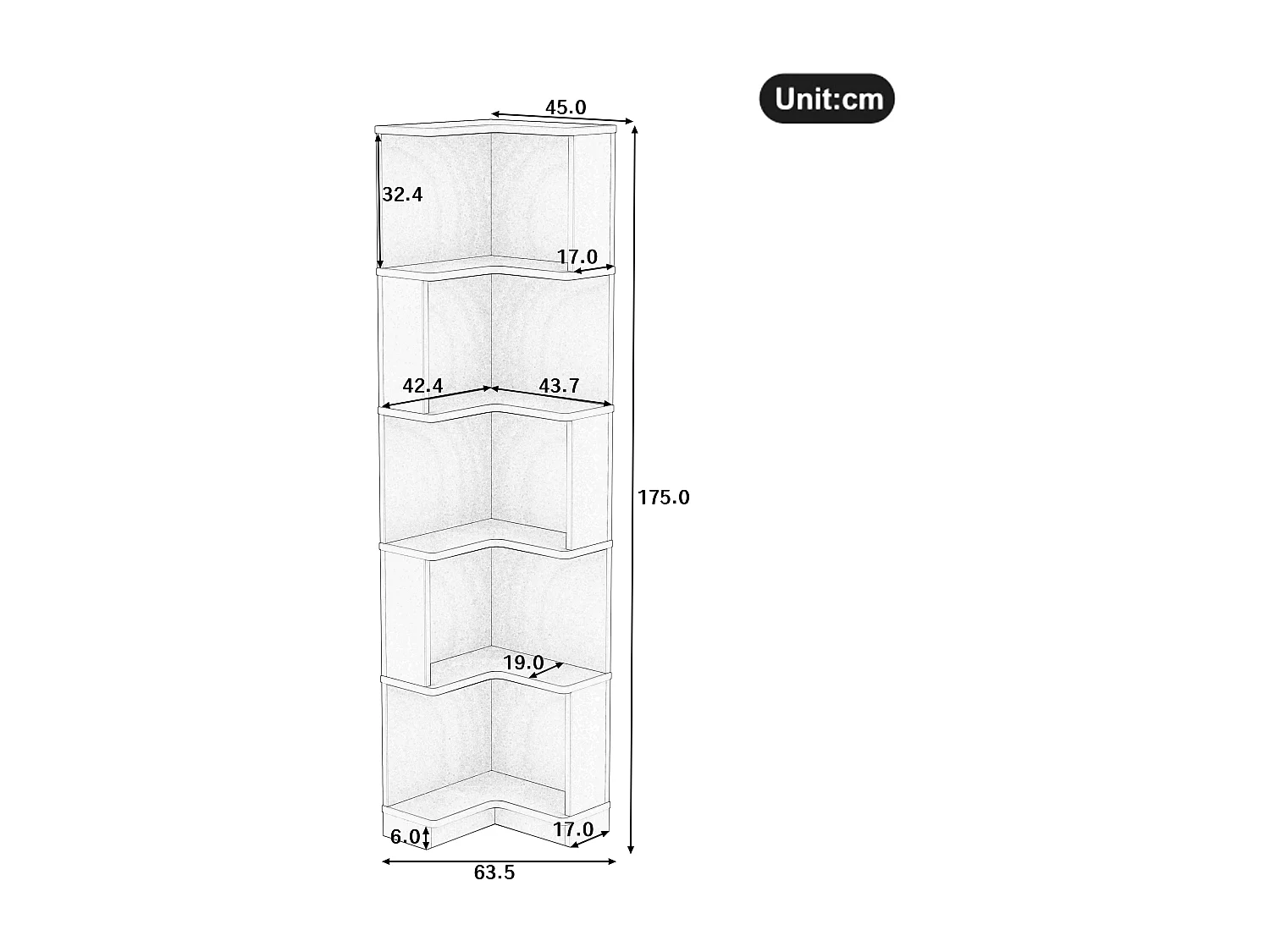 Modernes Eckregal – 63,5 x 45 x 175 cm – mit LED-Beleuchtung und 5 Ablagefächern – MDF – braun