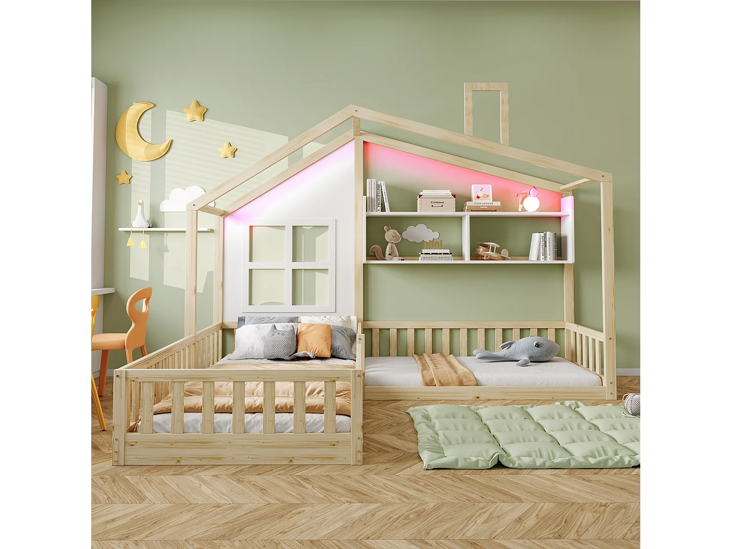 Lit cabane pour enfant - 90 x 200 cm + 140 x 70 cm - avec étagères - MDF + pin - Sommier à lattes inclus - naturel