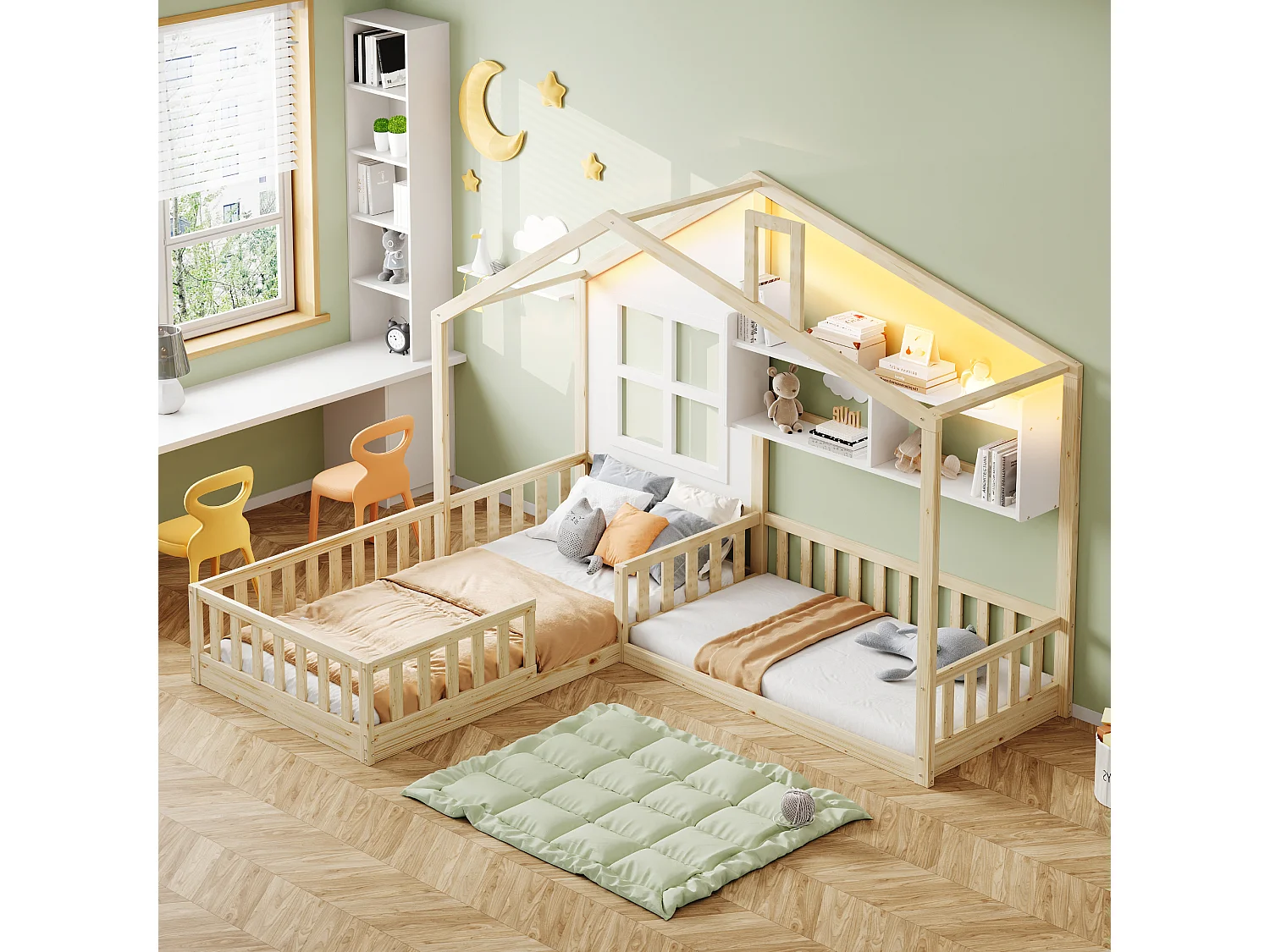 Lit cabane pour enfant - 90 x 200 cm + 140 x 70 cm - avec étagères - MDF + pin - Sommier à lattes inclus - naturel