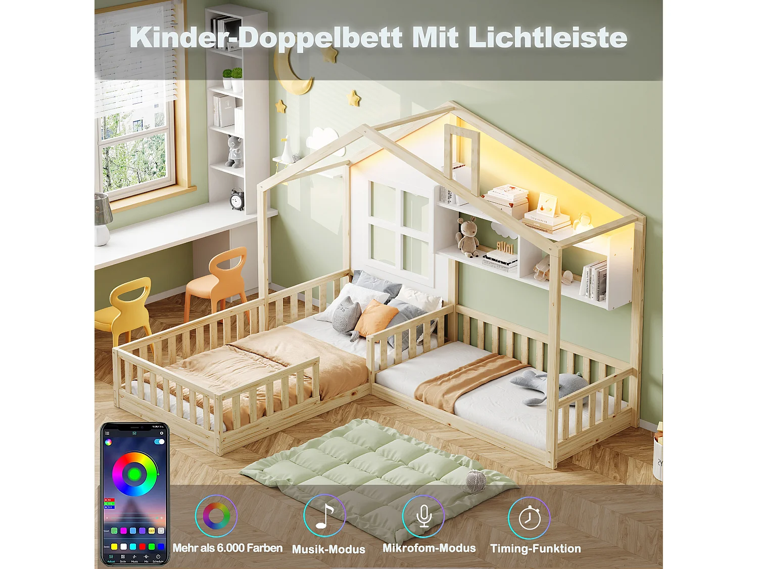 Lit cabane pour enfant - 90 x 200 cm + 140 x 70 cm - avec étagères - MDF + pin - Sommier à lattes inclus - naturel