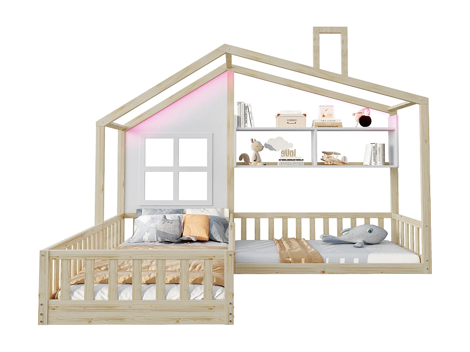 Lit cabane pour enfant - 90 x 200 cm + 140 x 70 cm - avec étagères - MDF + pin - Sommier à lattes inclus - naturel