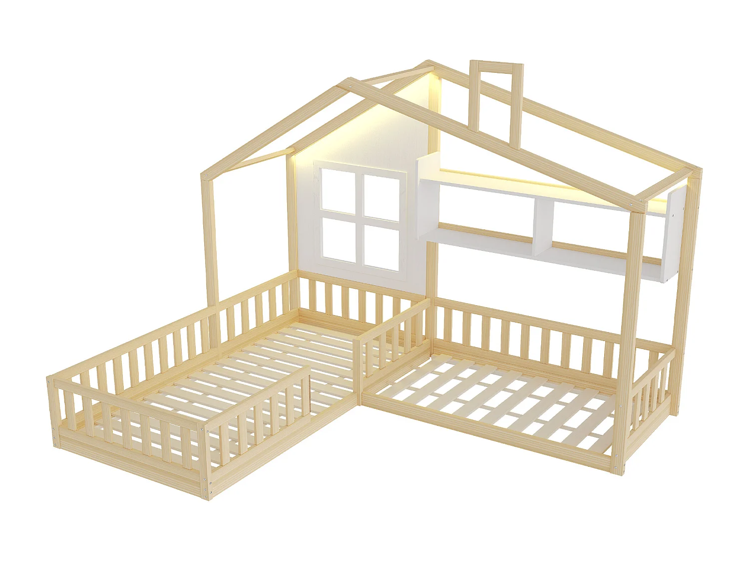 Lit cabane pour enfant - 90 x 200 cm + 140 x 70 cm - avec étagères - MDF + pin - Sommier à lattes inclus - naturel