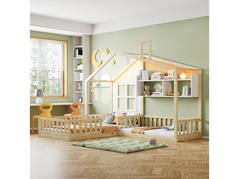 Lit cabane pour enfant - 90 x 200 cm + 140 x 70 cm - avec étagères - MDF + pin - Sommier à lattes inclus - naturel