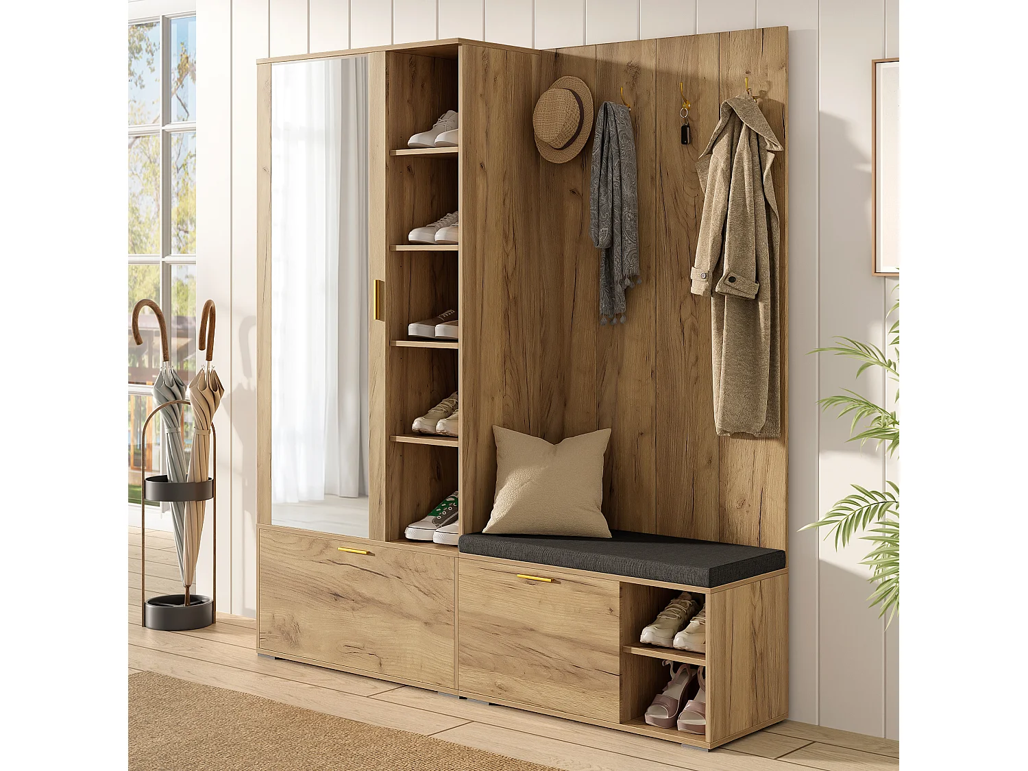 Kleiderschrank/Garderobe – 160 x 38 x 180 cm – mit Schrank und Schuhbank + Kleiderstange + 4 Haken + Spiegel + Türen – Spanplatte – natur